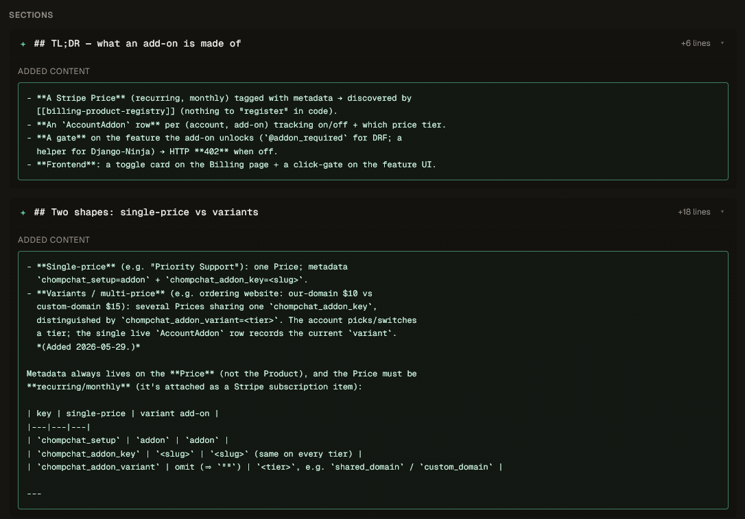 Contexo diff view showing two newly added markdown sections — a TL;DR (+6 lines) and a "single-price vs variants" section (+18 lines) — with their content highlighted