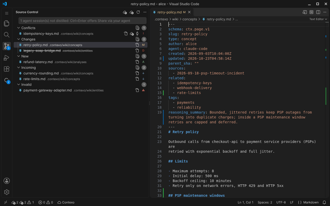 The Contexo Source Control view with the Conflicts, Changes, New, Incoming and Invalid groups and the sync counts in the status bar